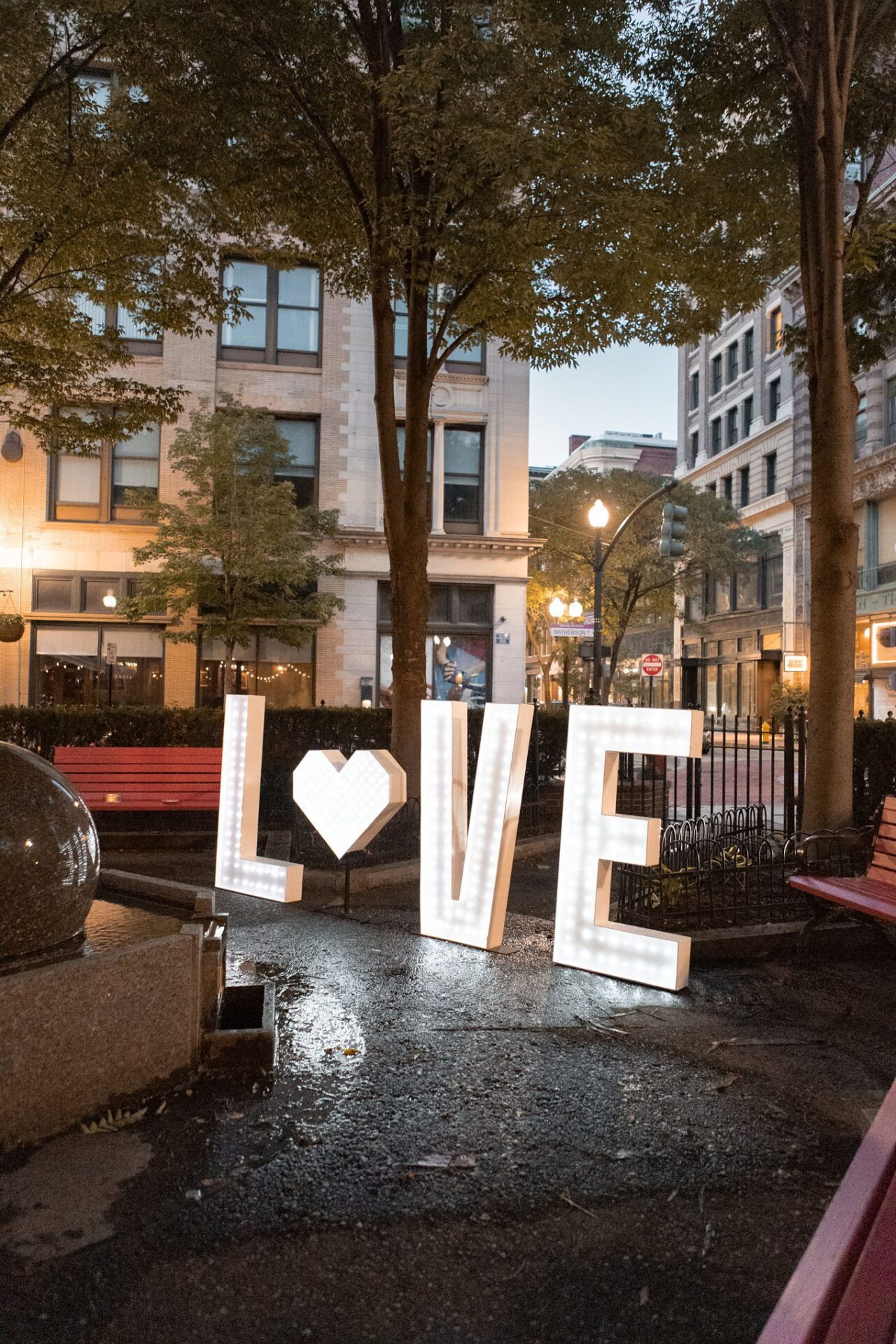 Illuminated marquee LOVE letters at a New England wedding reception