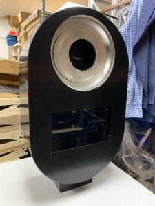 BoothMasters black powder-coated DSLR photo booth shell kiosk with AlienBees ring flash, for sale in Stoneham MA