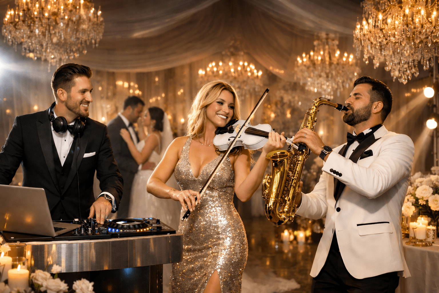 Wedding DJ & Sax performance in Boston ballroom