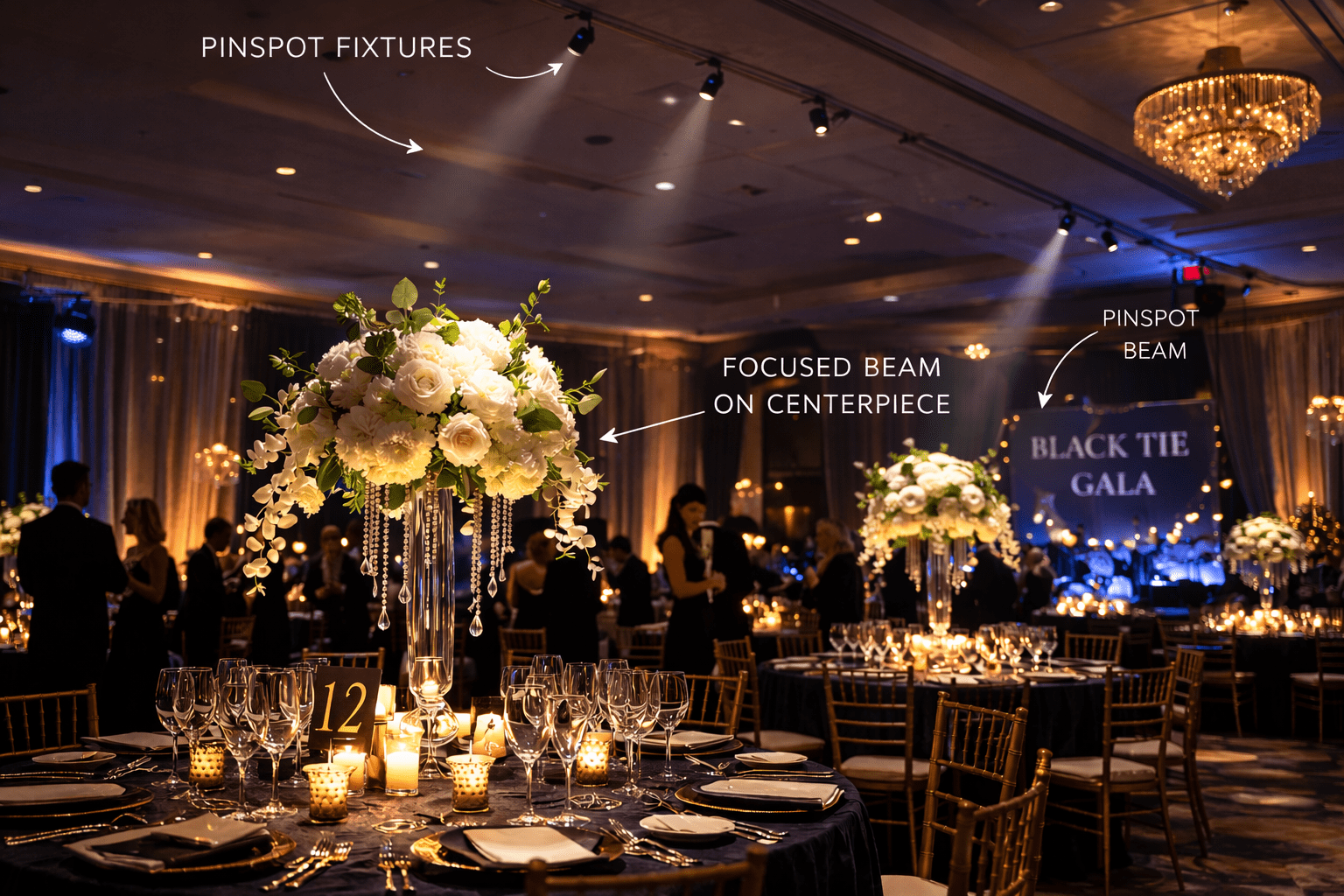 Corporate gala table centerpiece illuminated with LED pinspot lighting