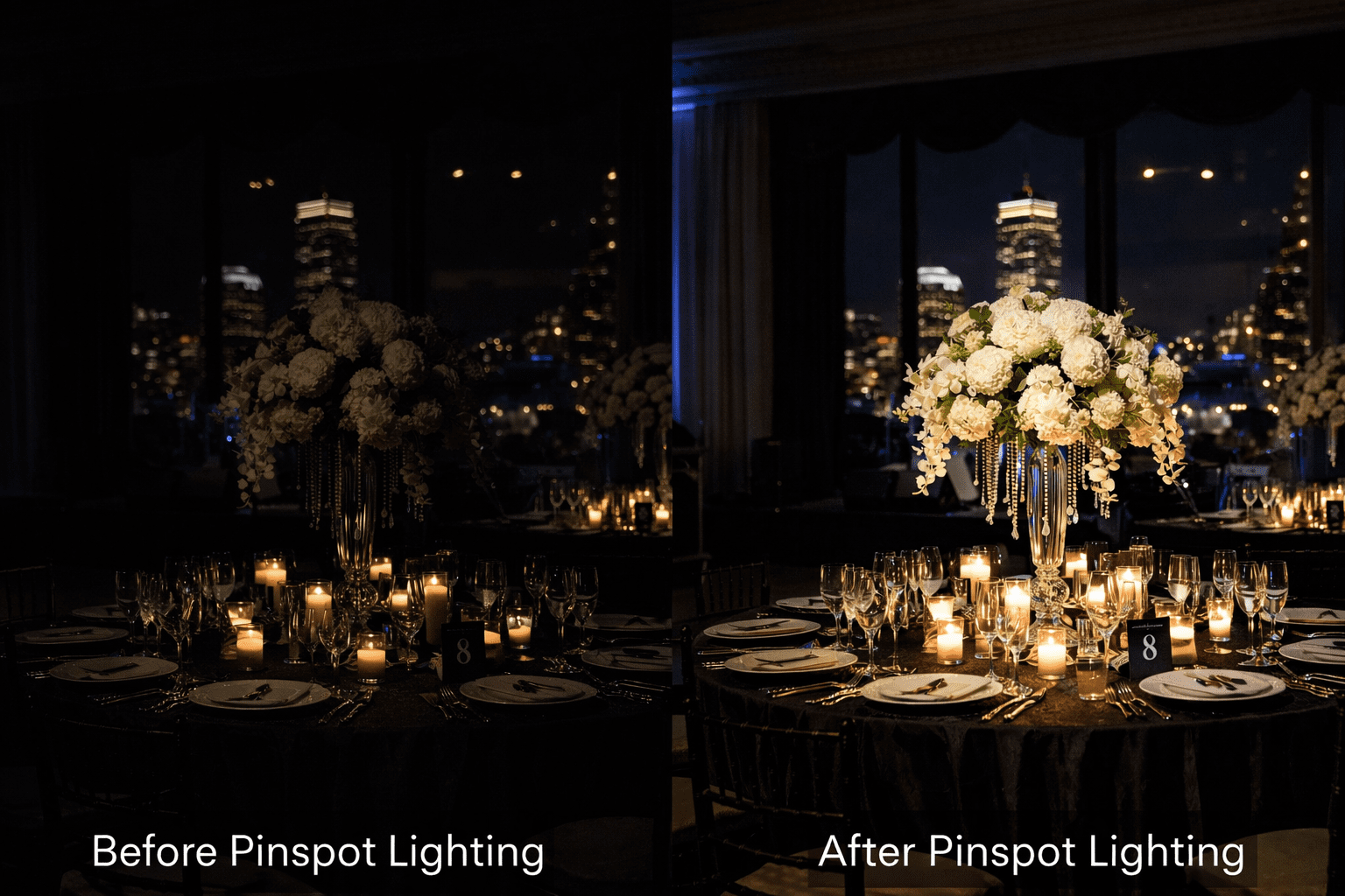Before and after comparison of ballroom with and without pinspot lighting