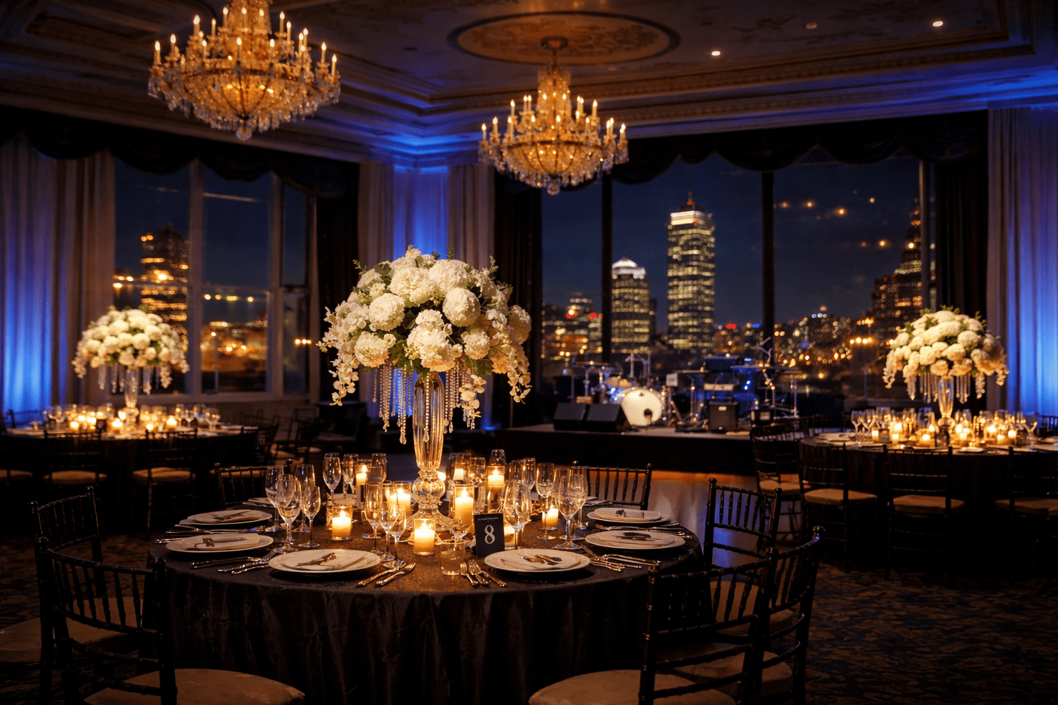 Wedding reception with professional pinspot lighting highlighting floral centerpieces in Boston ballroom