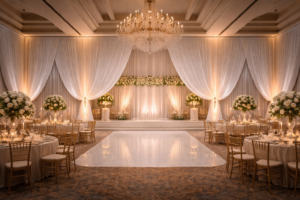pipe and drape with dance floor and uplighting Boston