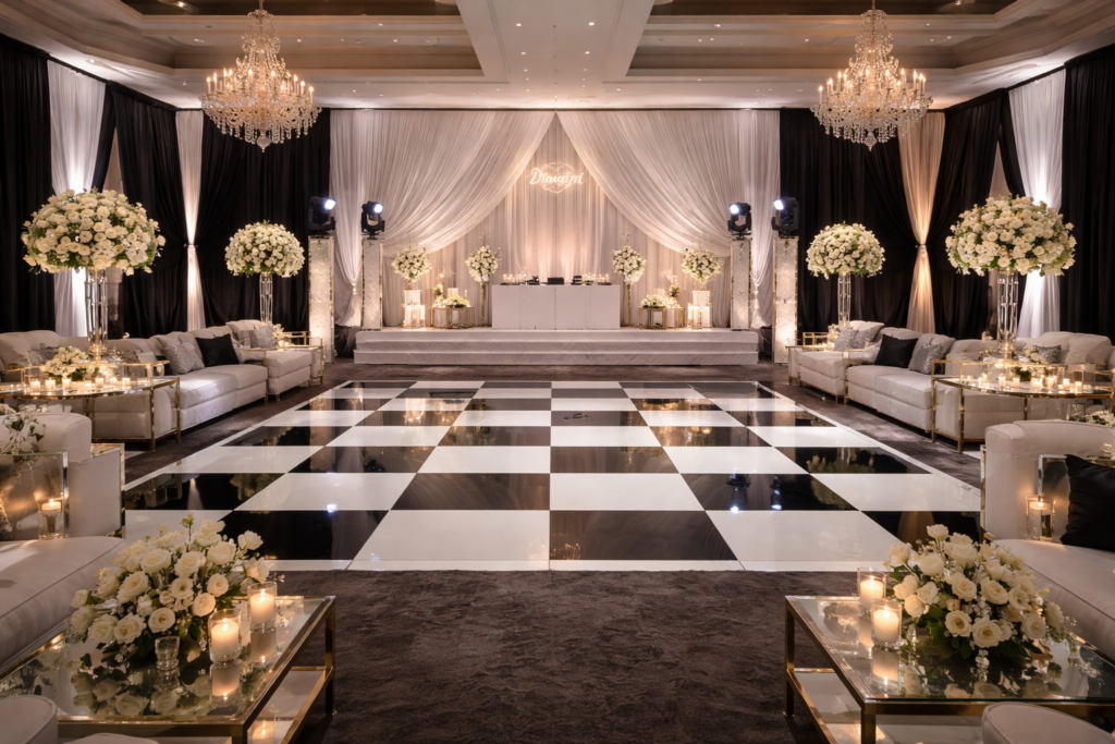 Black and white checkerboard dance floor installed in a Boston ballroom