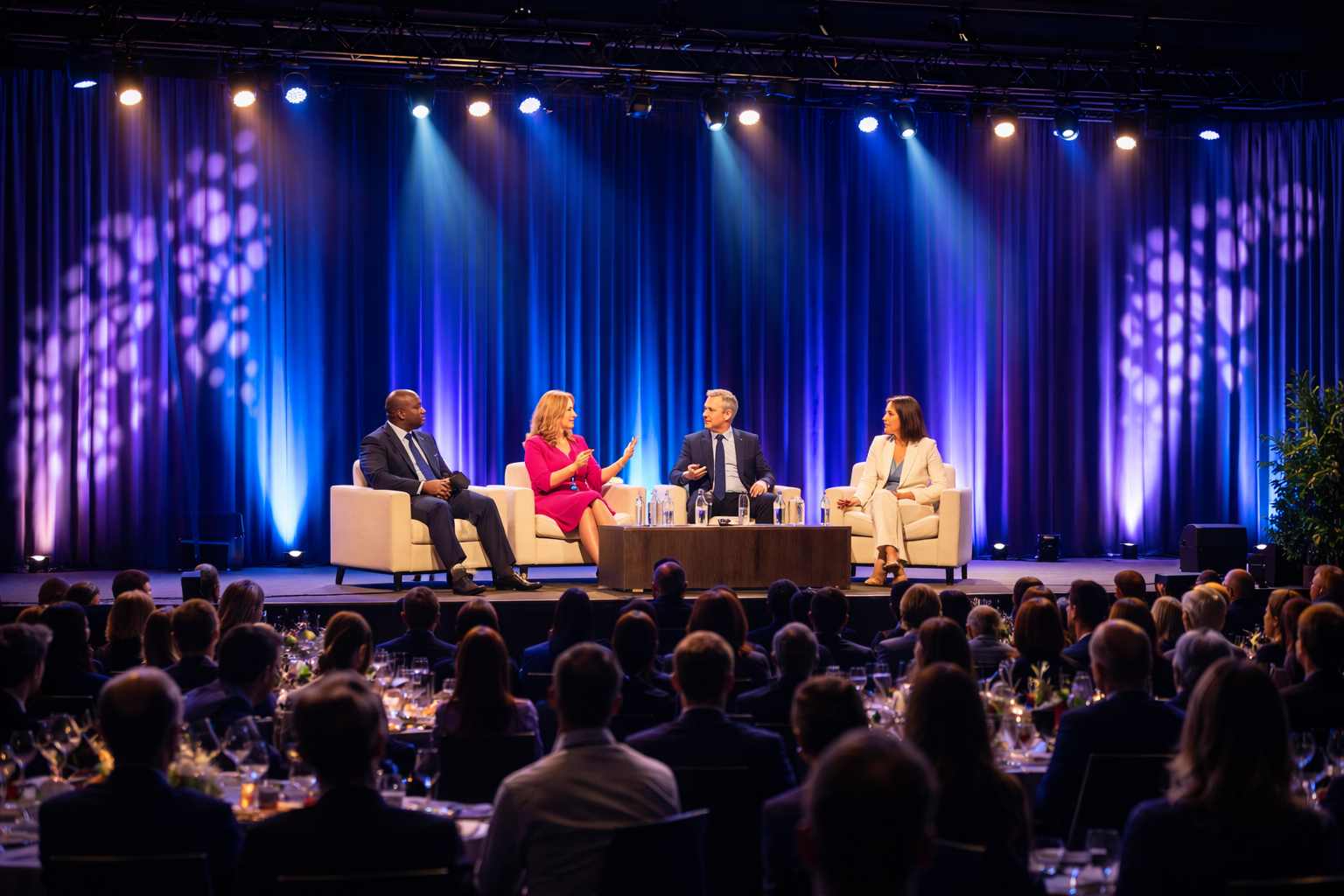 Panel discussion illuminated with theatrical stage lighting and GOBO projections