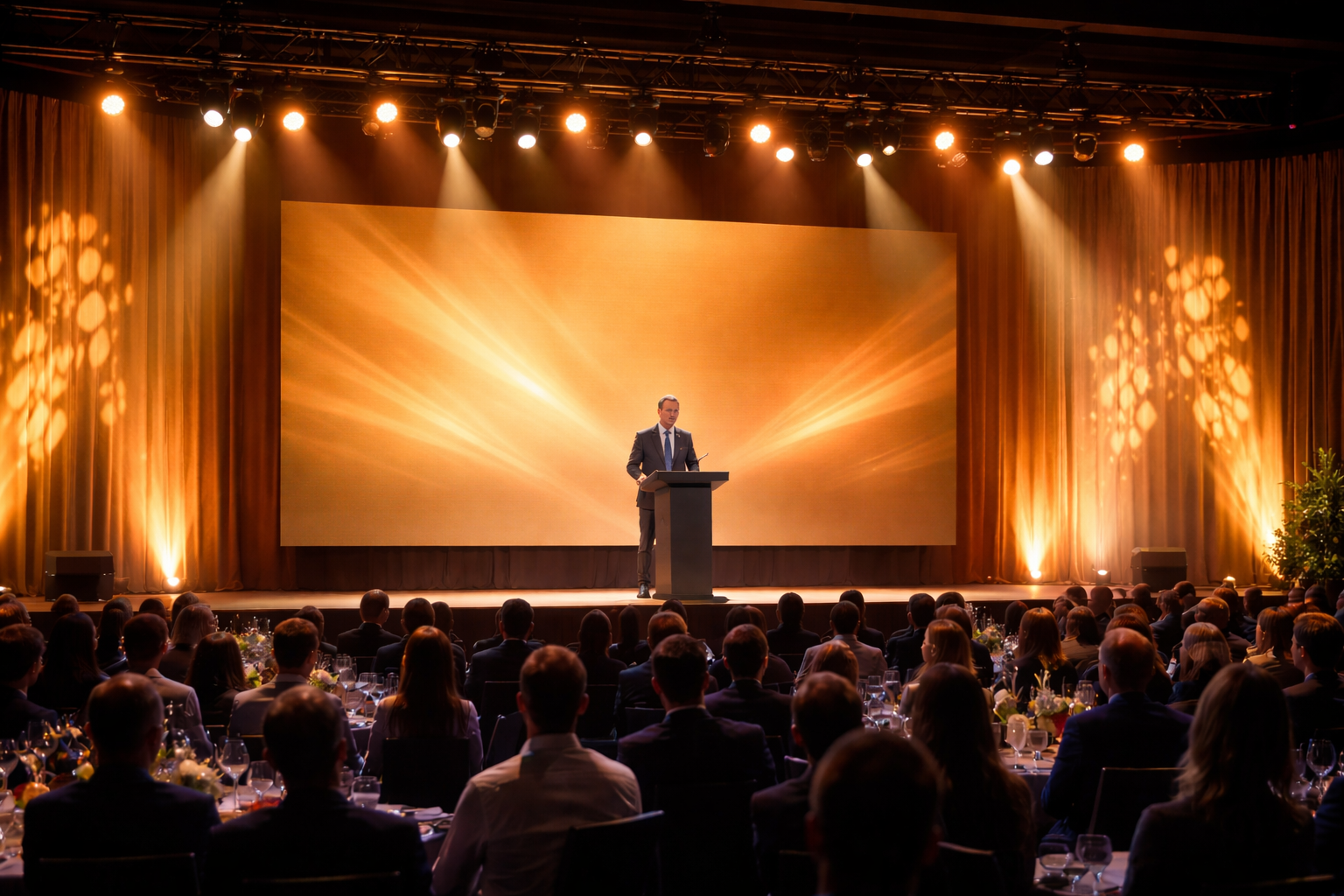 Corporate keynote speaker under professional stage wash lighting in a ballroom