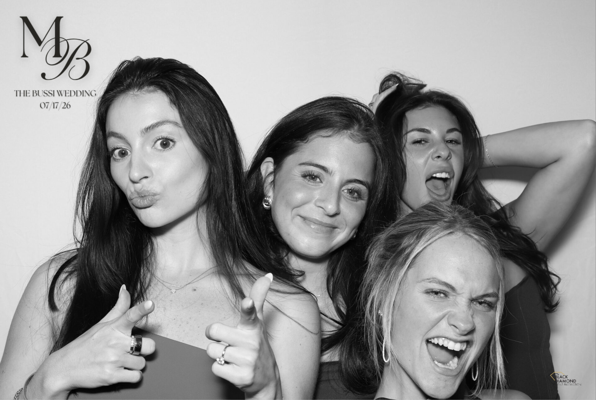 GLAM photo booth portrait output showing the clean black and white aesthetic
