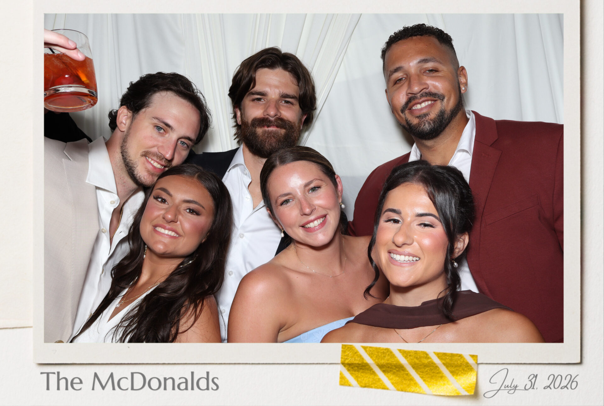 Ultra high resolution 4x6 portrait print photo booth, six guests in a single sharp frame, Black Diamond Event Production